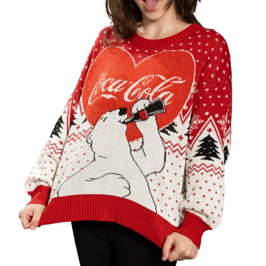 Coca-Cola Women's Polar Bear Ugly Christmas Sweater, Festive Holiday Pullover Top for Winter Celebrations