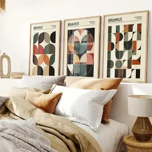 3pcs Wooden Frame Bauhaus Abstract Line Geometric Art Paintings, Modern Minimalist Design Wall Decor for Living Room, Mdf Material, China Harvested