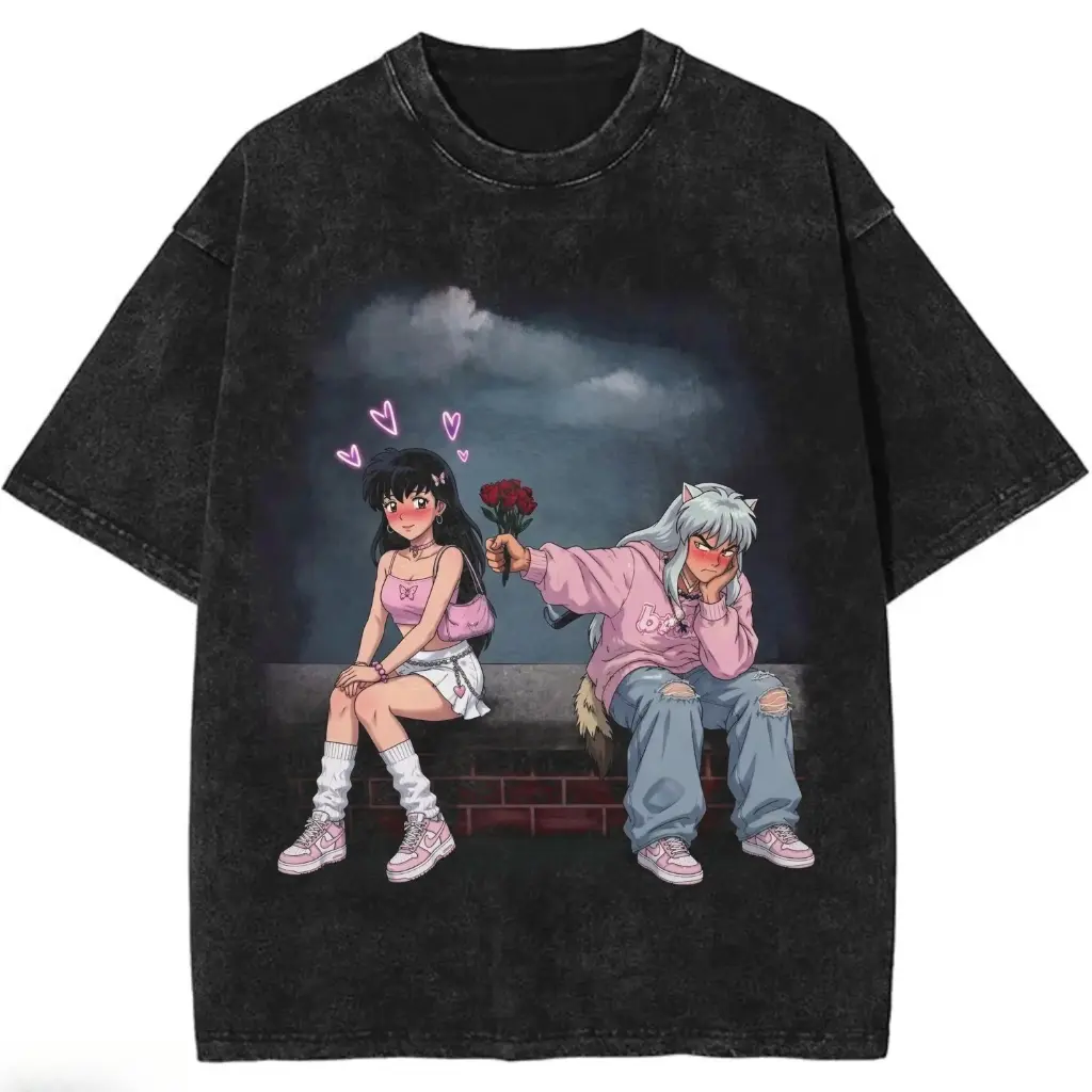 Anime Couple Shirt, Inuyasha Kagome Inspired Tee, Cute Tsundere Love Shirt, Pink Aesthetic Anime T-Shirt, Romantic Anime Couple Gift Womenswear Cotton Top Seamless Ribbed Graphic Garment Classic Apparel Soft FashionWashed T-shirt