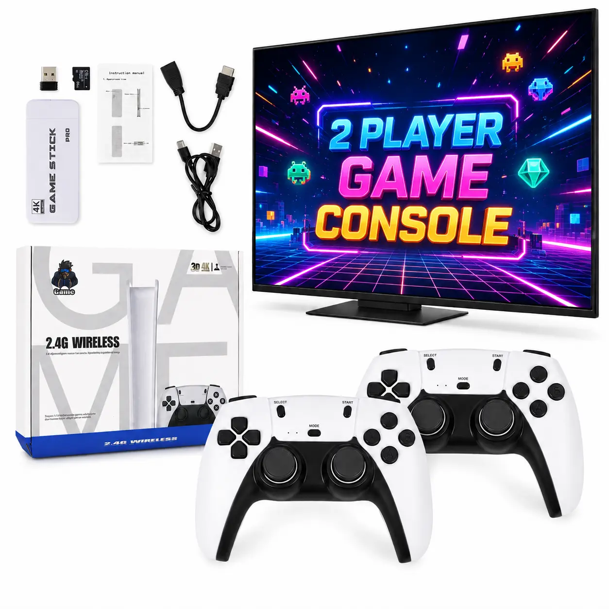 Retro Game Stick for TV, HDMI Plug & Play Gaming Console with 2 Wireless Controllers, Built-in Games for Family Game Night