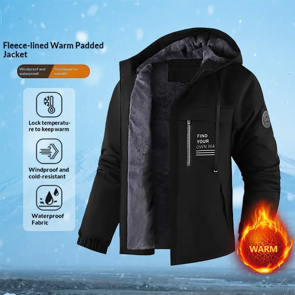 Men's Winter Fleece-Lined Windproof Water-Resistant Coat - Menswear Top, Hoodie Design, "Find Your Own Way" Print, Suitable for Extreme Cold Weather & Casual Outings, Coats, Tops, Jacket