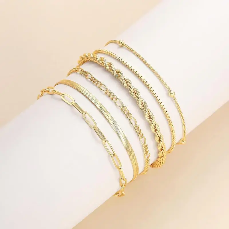 5PCS Waterproof 14K hypoallergenic Gold Jewelry Set for Women – Trendy Thin Dainty Stackable Cuban Link, Paperclip Chain Bracelet Pack, Fashion Accessories Gifts for Women non-tarnish Christmas Gift