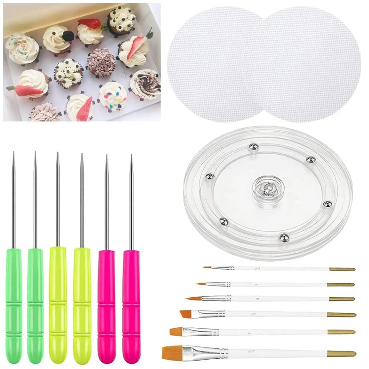 Cookie Decorating Kit Cookie Decorating Supplies with 1 Acrylic Turntable, 6 Cookies Fondant Brushes 6 Scribe Needle Royal Icing Tools
