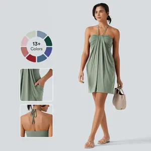 【Creator‘s Pick】Halara Halter Tie Back Mini Resort Dress with Pockets
