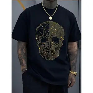 Mens Rhinestone Skull Graphic T Shirt Oversized Streetwear Short Sleeve Crew Neck Tee Black Geometric Crystal Skull for Concert Night Out Halloween