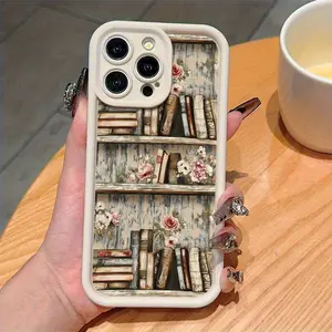 Case for IPhone 17 Pro Max 16 Plus 15 14 13 12 11 Air E Vintage Bookshelf And Floral Design Drop Protection Shockproof Soft Silicone Smartphone Cover