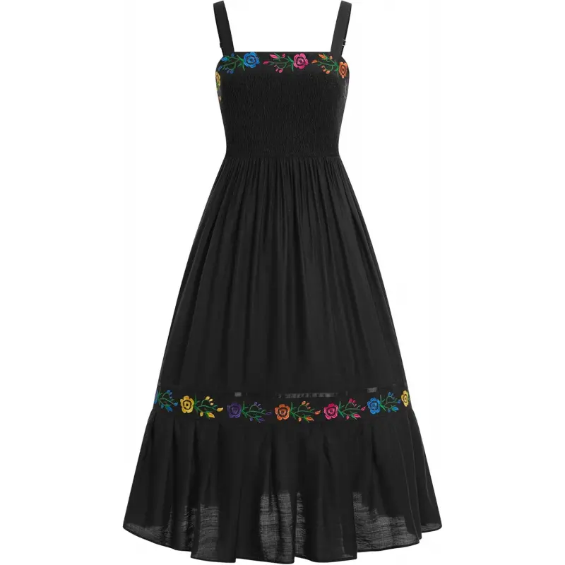 Women's 2026 Casual Cinco De Mayo Fiesta Mexican Traditional Folk Floral Embroidery Dress - Adjustable Spaghetti Straps, Flowers, Costume, Elastic, Elegance, Square Neck