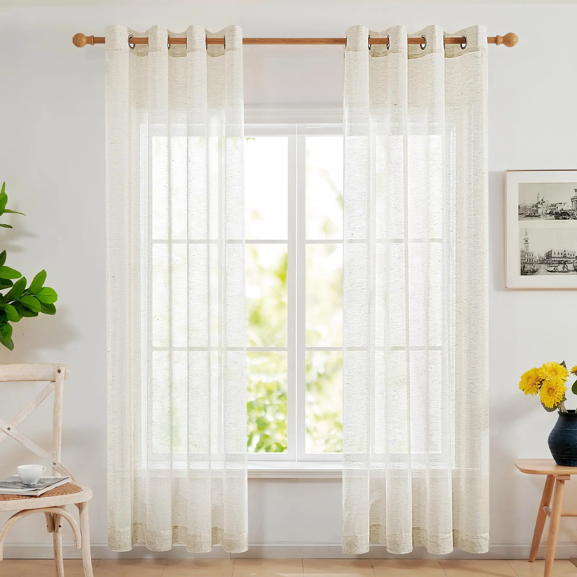 Deconovo Linen-Feel Sheer Home Decorative Curtains, 2-Panel Grommet Top Set, Sustainable Lightweight Modern Drapes, Light Filtering Privacy Window Treatment for Living Room (52x72 in), Home Decorative Curtain, Lightweight Curtains
