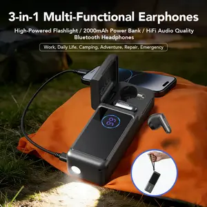 MINISO MS120 3-in-1 TWS Bluetooth Earbuds, Bluetooth 6.0, Built-In High-Power Flashlight with Three Adjustable Modes (Steady On / Flashing), 2000mAh Power Bank, Suitable for Outdoor Hiking and Sports