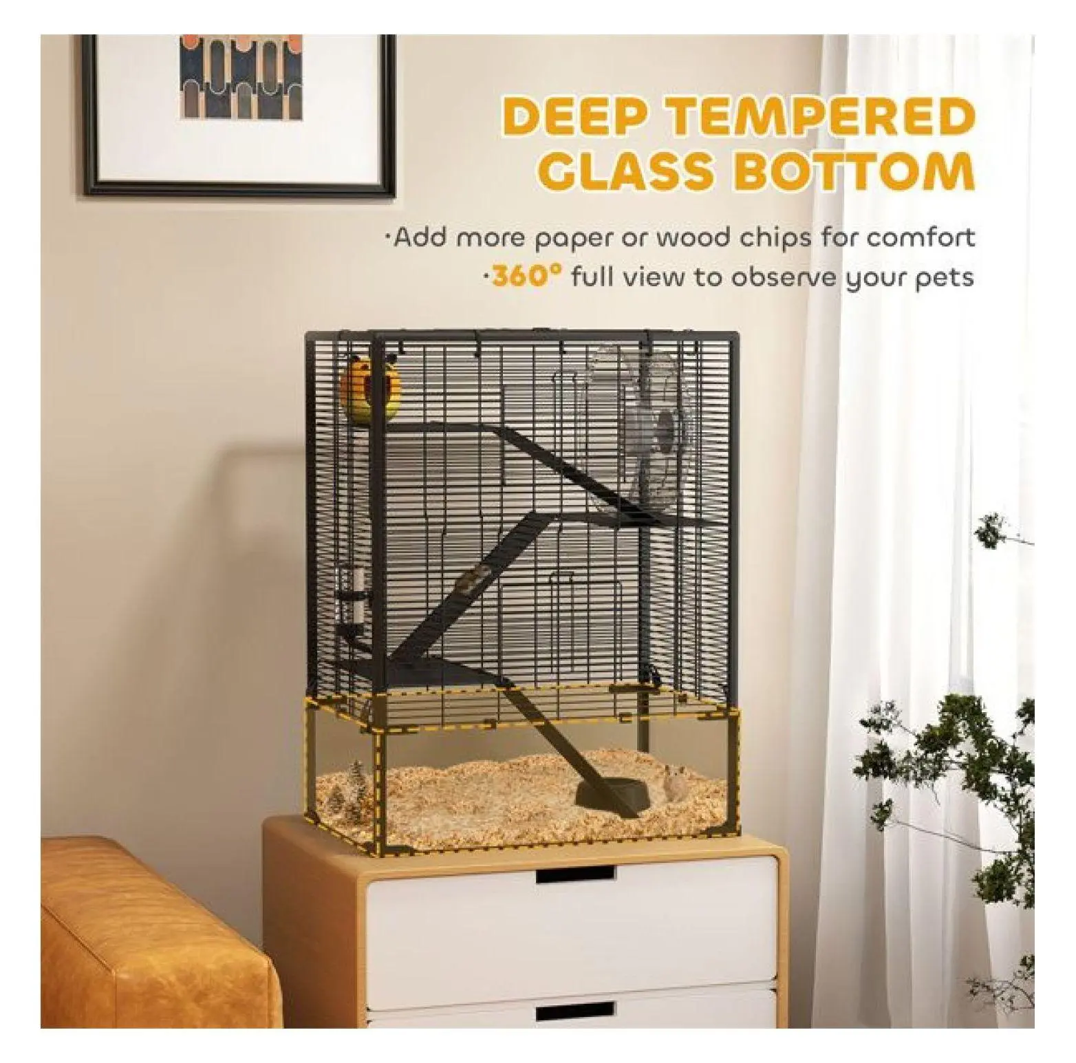 Hamster Cage Four Tier Glass Habitat, Small Animal Cage for Syrian & Dwarf Hamsters, Rats, Gerbils - Steel Frame, Running Wheel & Accessories as picture