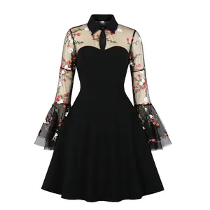 Women's Keyhole Mesh Elegant Long Sleeves Gothic Cocktail Embroidery Vintage Dress Formal Skirt Soft Embroidered