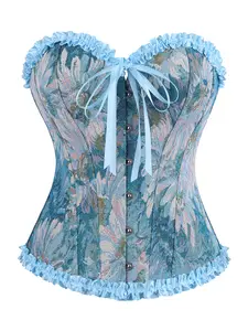 Women's Vintage Court Style Bodycon Corset, Elegant Floral Jacquard Bone Support Shapewear, Lace Trim Front Button Back Tie Top, Corset Tops, Corset Garment