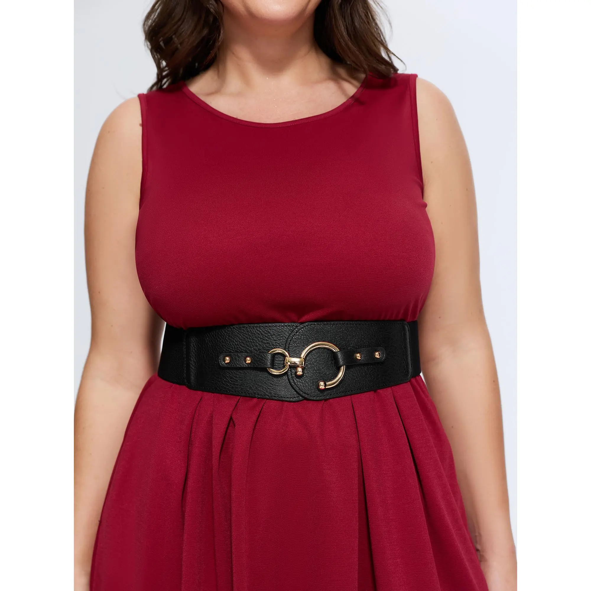 BLOOMCHIC Plus Size Elastic Wide Belt with Metal Gold Circle Buckle, Sizes M-6X, Summer Fashion Accessory, Elastic Belt
