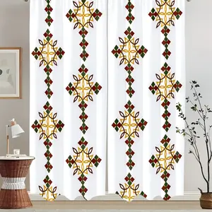 Bohemian style 2pcs digital printed diamond patterned decorative curtains, Home decoration curtain, polyester material, Translucent privacy protection, fade resistant, machine washable, pole bag hanging, suitable for bedroom and living room