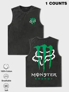 1 Men's Black Washed Oversized Tank Top, Monster Energy & Fox Racing Double Logo Print, 100% Cotton, Streetwear Style, Ideal for Motocross Fans & Urban Outfits