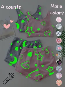 4 Counts/2 Set Women's Halloween Print Glow in The Dark Crop Tank Top & Elastic Waist Shorts Fluffy Pajamas, Fashion Sleepwear, Casual Comfortable Loungewear for Women, Comfy Loungewear for Women, Women's Sleepwear for Fall, Fluffy Pajamas