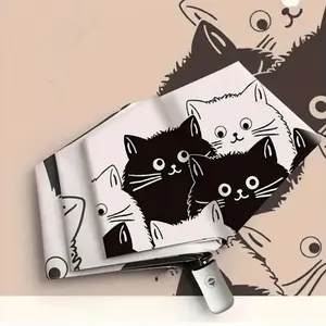 Cartoon Cat Pattern Umbrella, 1 Count Portable Foldable Automatic Umbrella, Folding Umbrella, UV Protection Umbrella for Outdoor, Student, Commuting, Holiday Gift