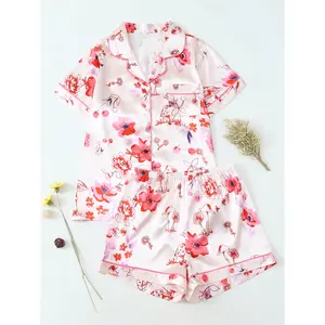 Dreamy Pink Base Floral Mushroom Print Women's Pajamas, Short Sleeve + Shorts Set, Pink Piped Lapel Cardigan, Soft Satin Smooth Fabric, Skin-Friendly Breathable Loose Loungewear 2 Piece Set