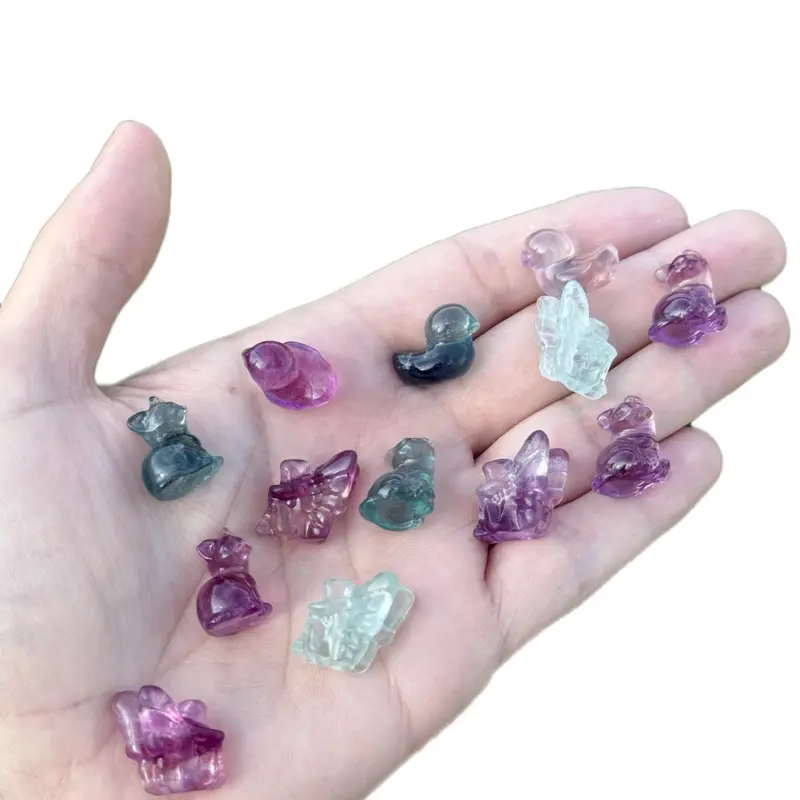 Ultra Mini Natural Fluorite Rainbow Crystal Carvings - Carved Forms, Animal Shapes (Duck, Kitten), Fairy Figurines for Jewelry Accessories, Decorations, Energy Protection, Focus & Concentration, Intuition Boost