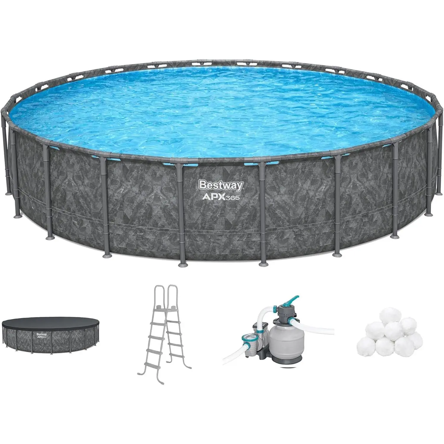 Bestway APX 365 22' x 52" Above Ground Pool, Round Metal Frame Outdoor Swimming Pool Set with Sand Filter Pump, Ladder, and Cover, Dark Marble