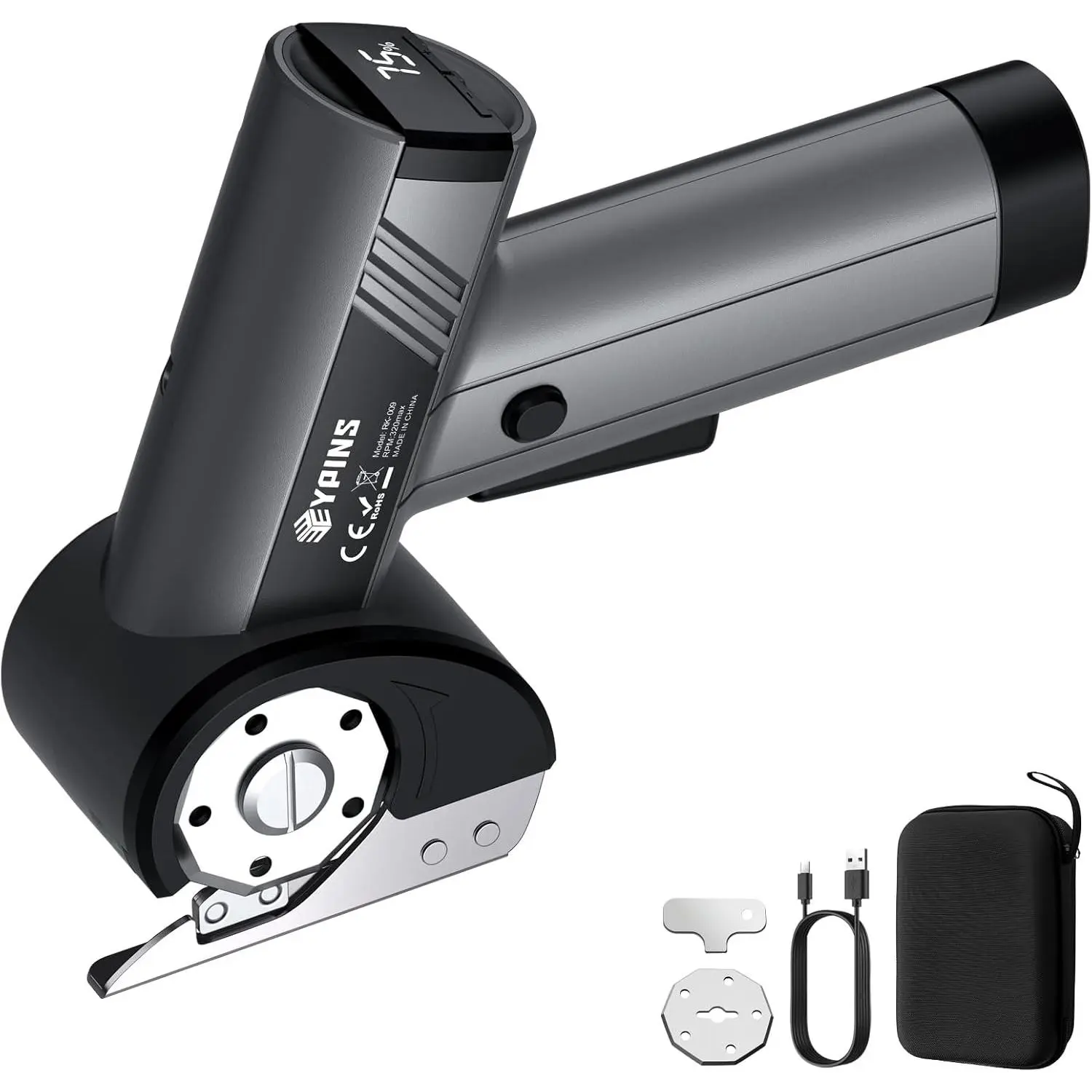 EYPINS Pocket-Size Mini Rotary Cutter with Handle - Portable Rechargeable Cordless Electric Tool, 4-Speed, Ergonomic Grip, LED Display, 2 SK5 Safety Blades, Sewing Accessories and Supplies for Home Unisex DIY Enthusiasts (Fabric, Box, Leather Cutting)