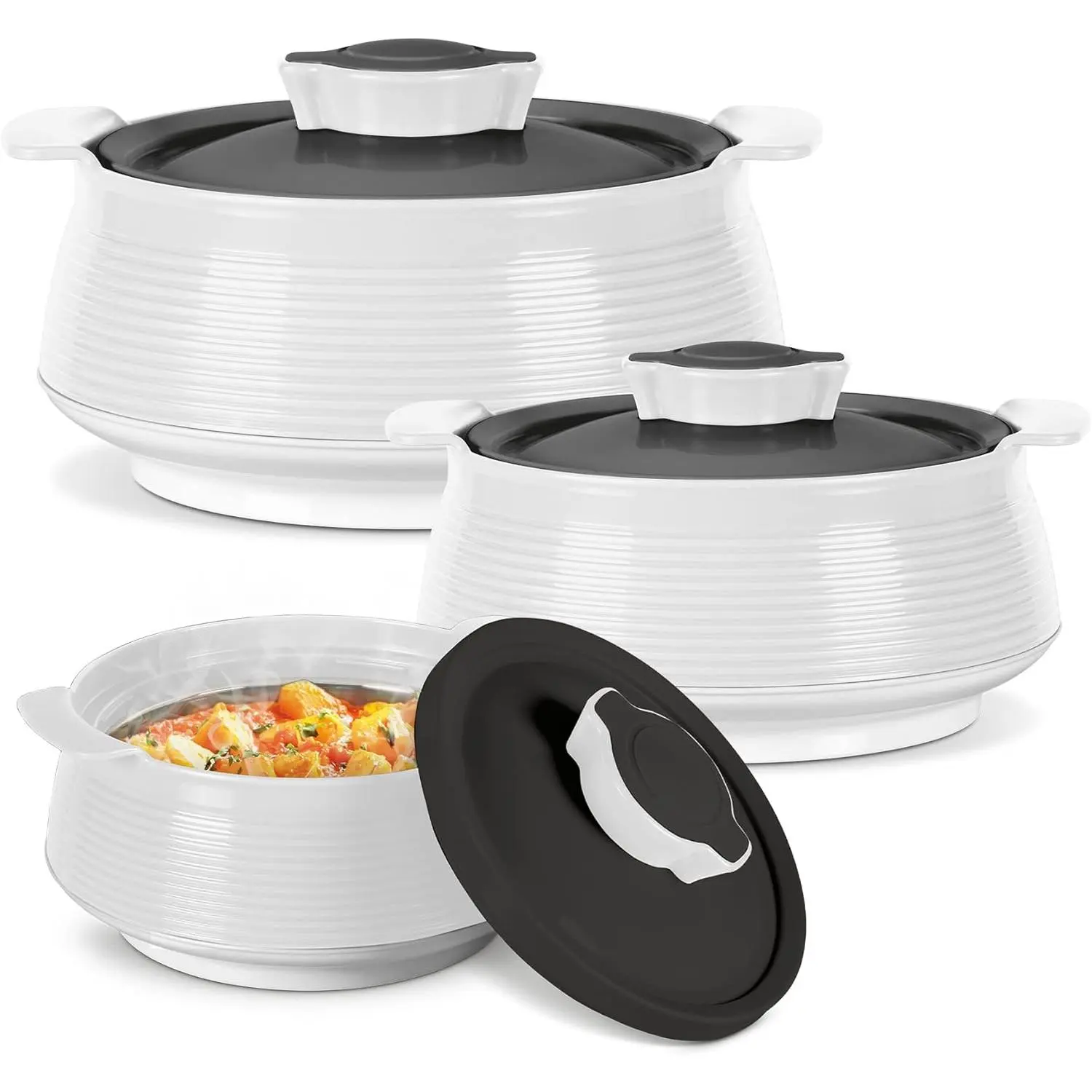 Insulated Double-Walled Stainless Steel Food Warmer Hot Pot Set - Kitchenware Cookware Non-Stick Pots with Beige Porcelain Lids, Micro White Pieces, BPA-Free Plastic-Free Prep (3 Sizes: 62, 45, 28 oz) for Birthday Gatherings