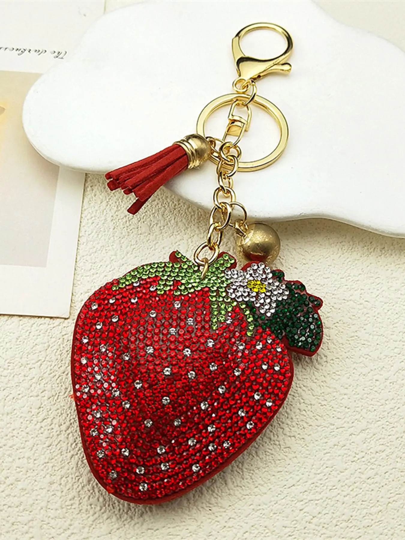 Fresh Red Strawberry Fruit Bag Keyring For Women Men Rhinestone Tassel Female Fashion Bag Decoration Hanging Keychain, Bag Charm Keychain, Keychain For Bags, Stylish Keychain, Trendy Cute Keychain, Aesthetic Keychain