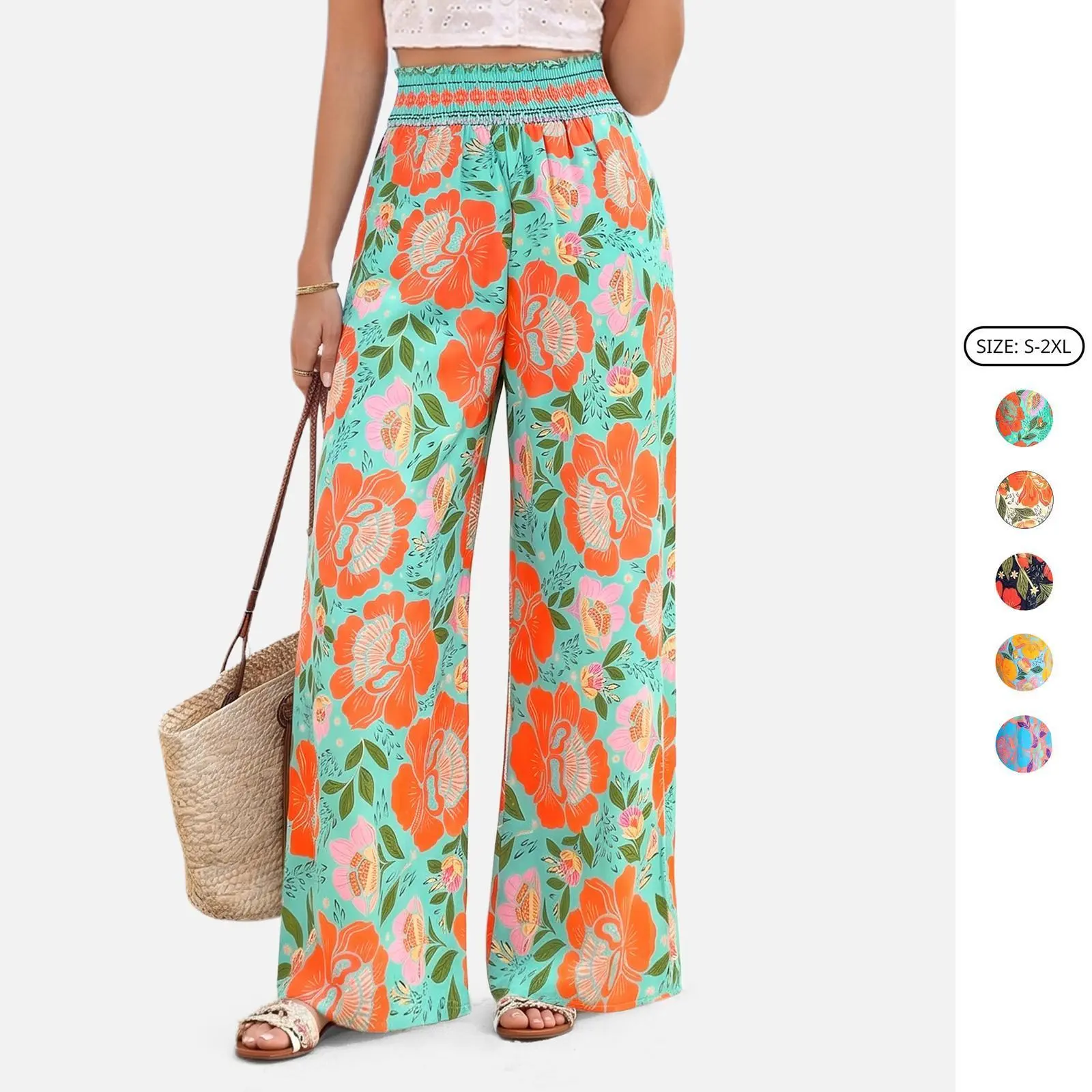 Imily Bela Wide Leg Pants Woman 2026 Summer Smocked Waist Floral Pant Resort Wear Spring Beach Vacation Clothes for Women