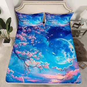 Cherry Blossoms Fitted Sheet,Moonnight Cloud Starry Sky Bedding Set,Girls Women Room Decor,Sakura Flowers Chinese Style Bed Cover,Pink Blue Romantic Bed Sheet,(No Top Sheet)