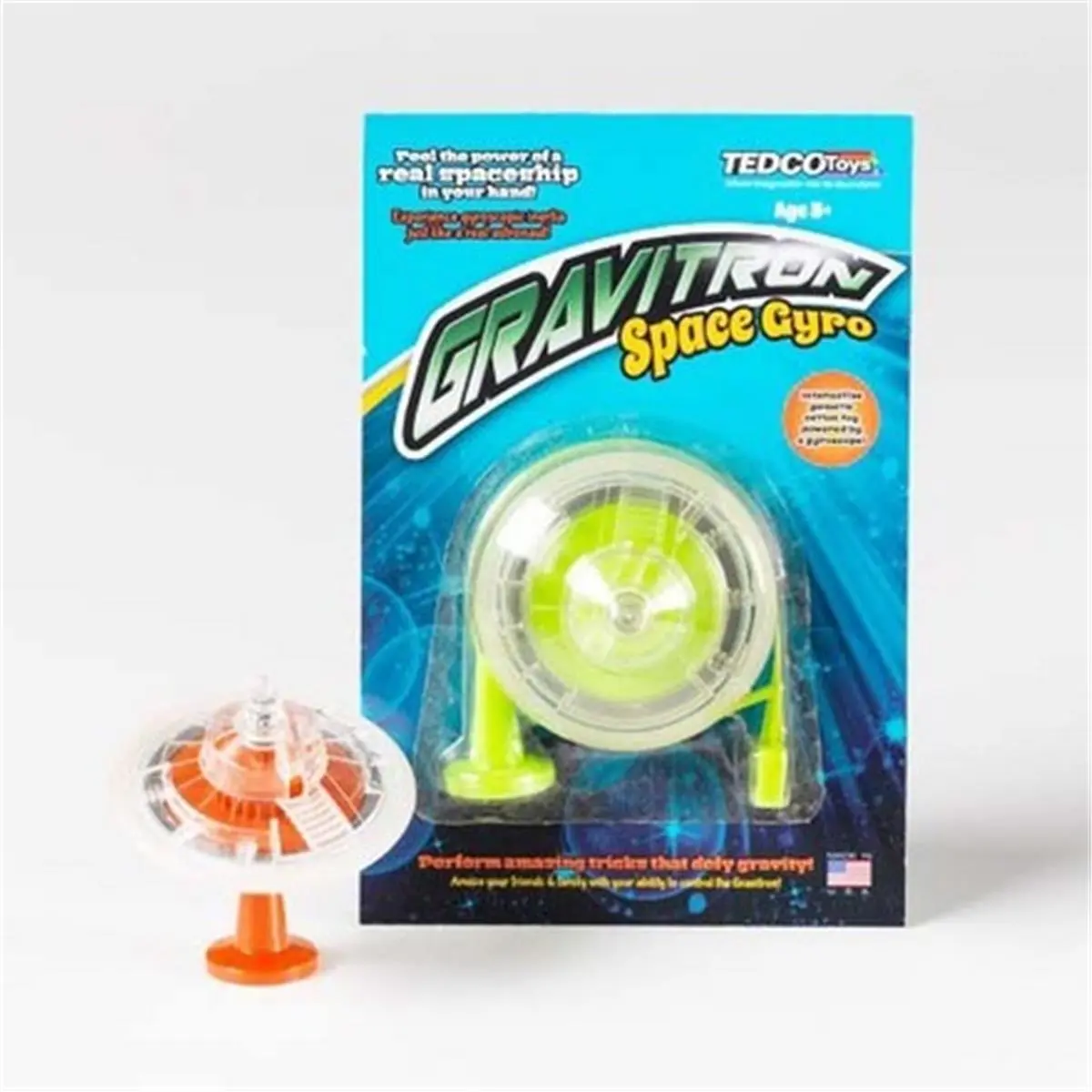 Tedco Toys Small Gravitron Space Gyroscope with Pedestal, Pull-Through T-Handle & Instructions, Gravity-Defying Office/School Supply for Science Fun, Peggable Card Included to Perform Amazing Tricks