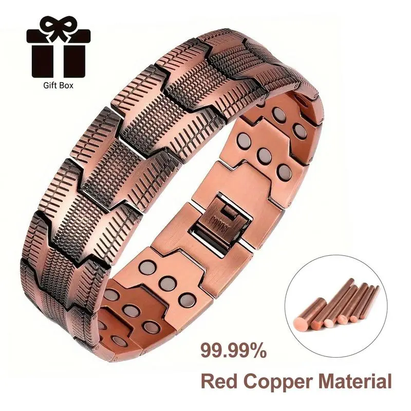 Men's Elegant Pure Copper Link Bracelet - Magnetic Copper Bracelet with High Strength, Link Pattern, Adjustable Fit, Hypoallergenic Design for Durability, Fatigue Relief, Joint Pain Relief, Energy Boost - Stylish Wellness Gift with Adjustable Size Tool