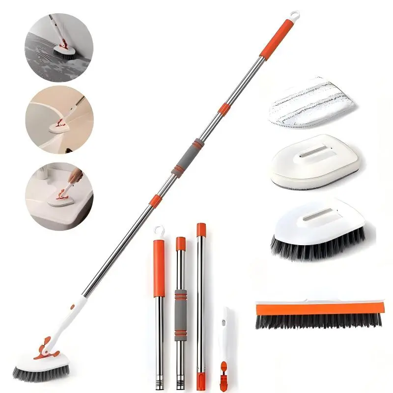 4-in-1 Shower Scrubber with 52" Long Handle, 180° Rotating Bathroom Cleaning Tool Set - V-Shaped Grout Brush, Scrub Pad, Microfiber Pad for Tub, Tile, Scouring, Mirrors, Corners wall universal