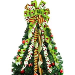 Christmas Tree Topper Bow Wreath, 44 x 13 Inches Large Green Bow Tree Topper,Christmas Wreath for Tree Indoor/Outdoor Christmas Decoration