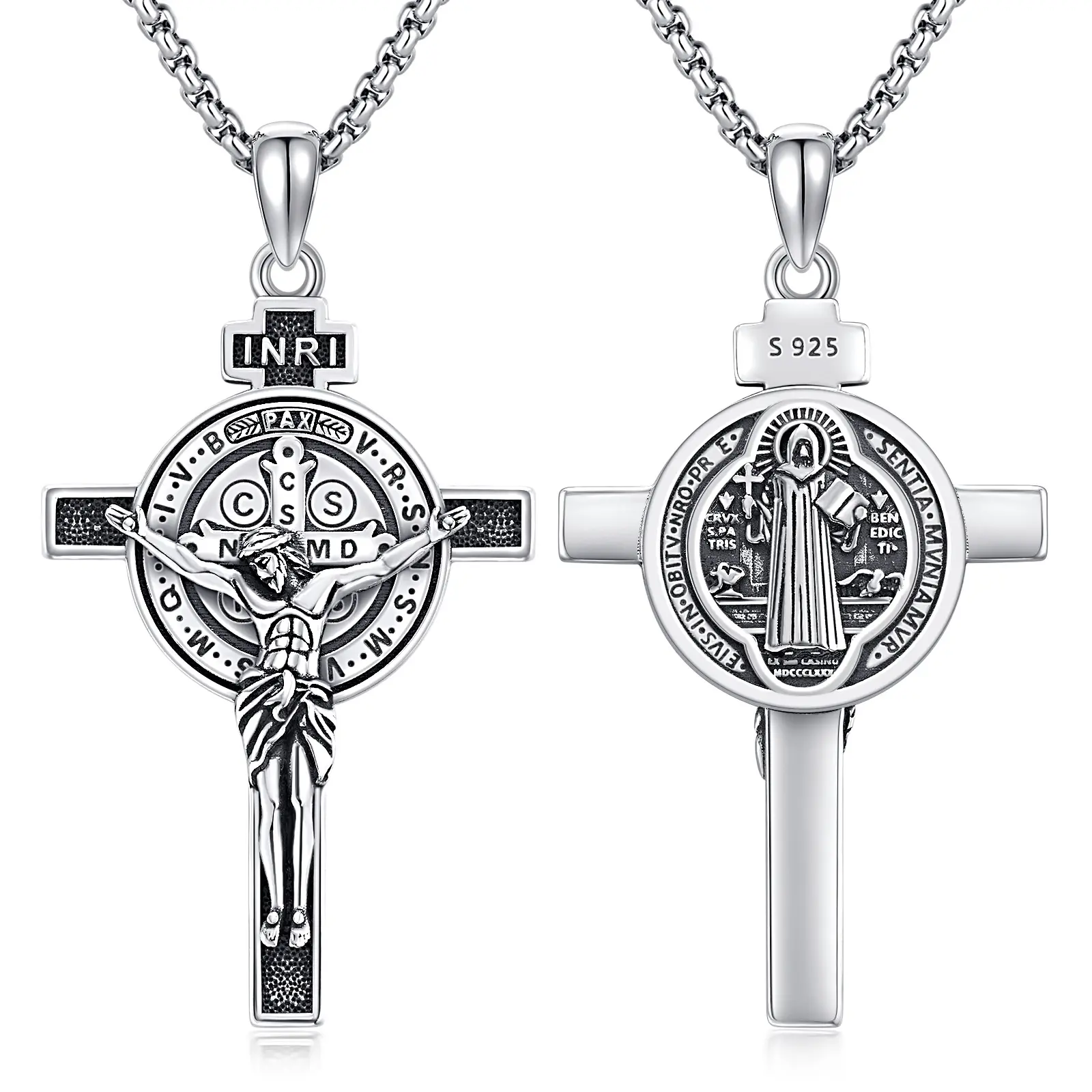Saint Benedict Crucifix Necklace 925 Sterling Silver Patron Saint Medal Necklace Catholic Protection Pendant Amulet Religious Jewelry for Men Women TikTokShopBlackFriday