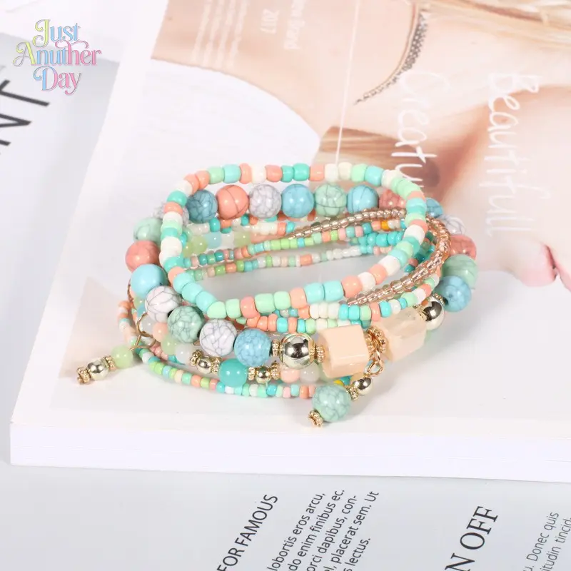 Women's Bohemian Handmade Beaded Bracelet Set - 8-Piece Stackable Bangles with Romantic Elements, Colorful Summer Camping & Hiking Picnic Jewelry, Bracelets