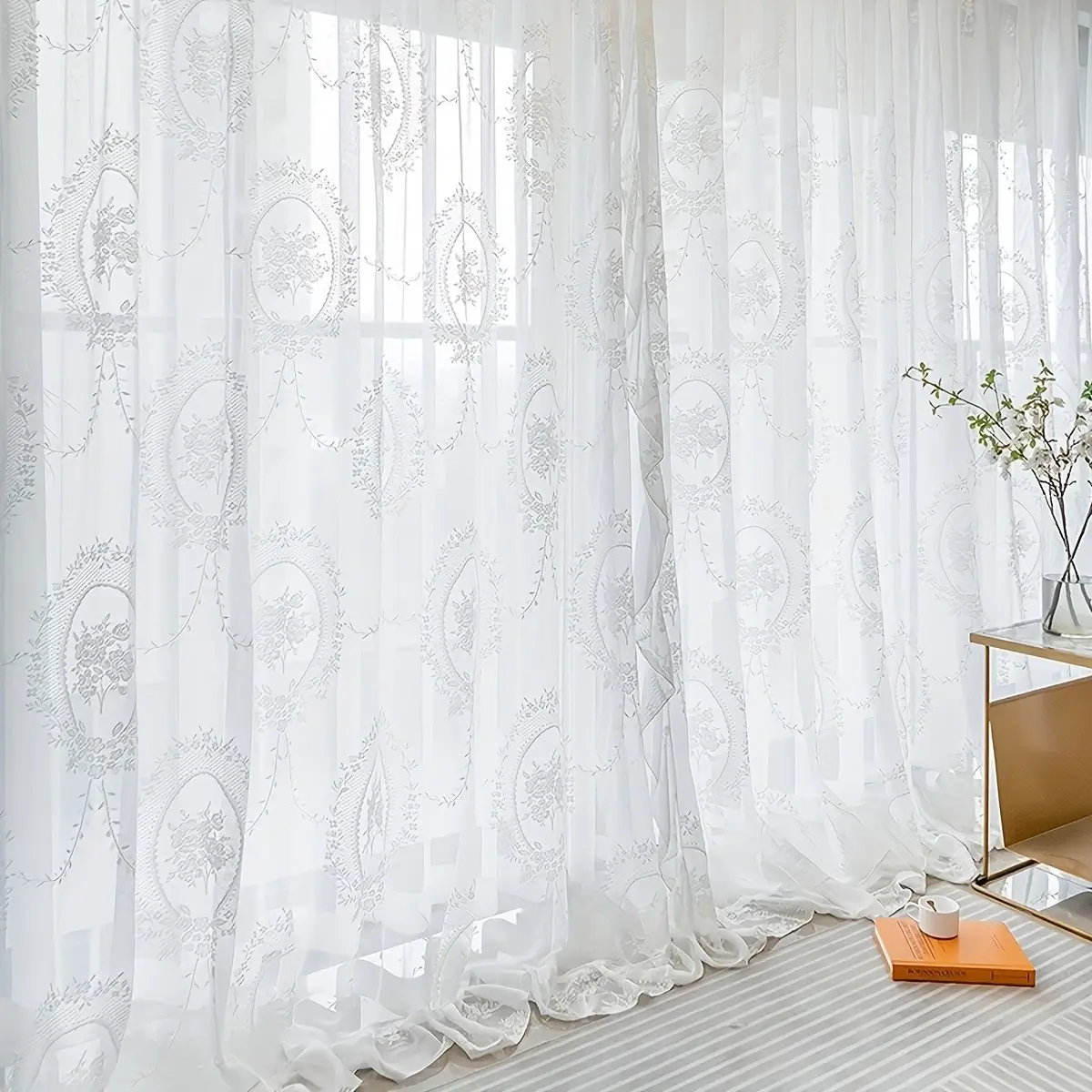 2panels French Romantic Vintage Princess Style Window Curtain, Lace Ruffle Sheer Drapes for Bedroom Balcony Living Room Floor Decor, Home Decoration Curtain, Home Textile, Upgrade Curtain, Home Decorative Curtain