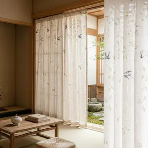 Japanese Style Leaf Print Linen Curtains, Minimalist Rod, Various Widths & Heights, Suitable for Doorways, Windows, Bedroom, Living Room, Kitchen