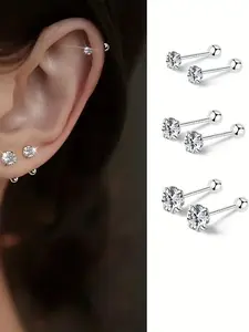 Stainless Steel Cartilage Earrings Set with Sparkling Zirconia, Minimalist Jewelry for All Seasons, Casual Style Ear Accessories