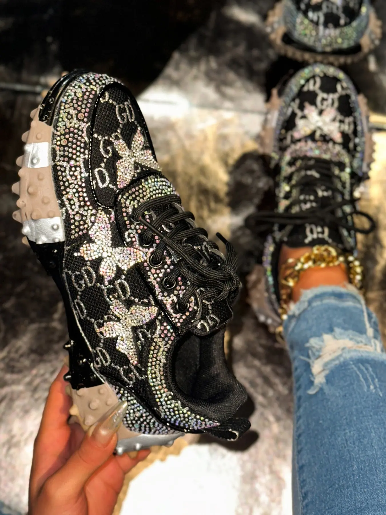 Women's New Trendy Thick Sole Chunky Low Top Dad Shoes, Fashionable Rhinestone Bow Design Glitter Design Sneakers, Versatile Casual Sports Shoes, Stylish Sneaker, Sneakers Fashion Footwear