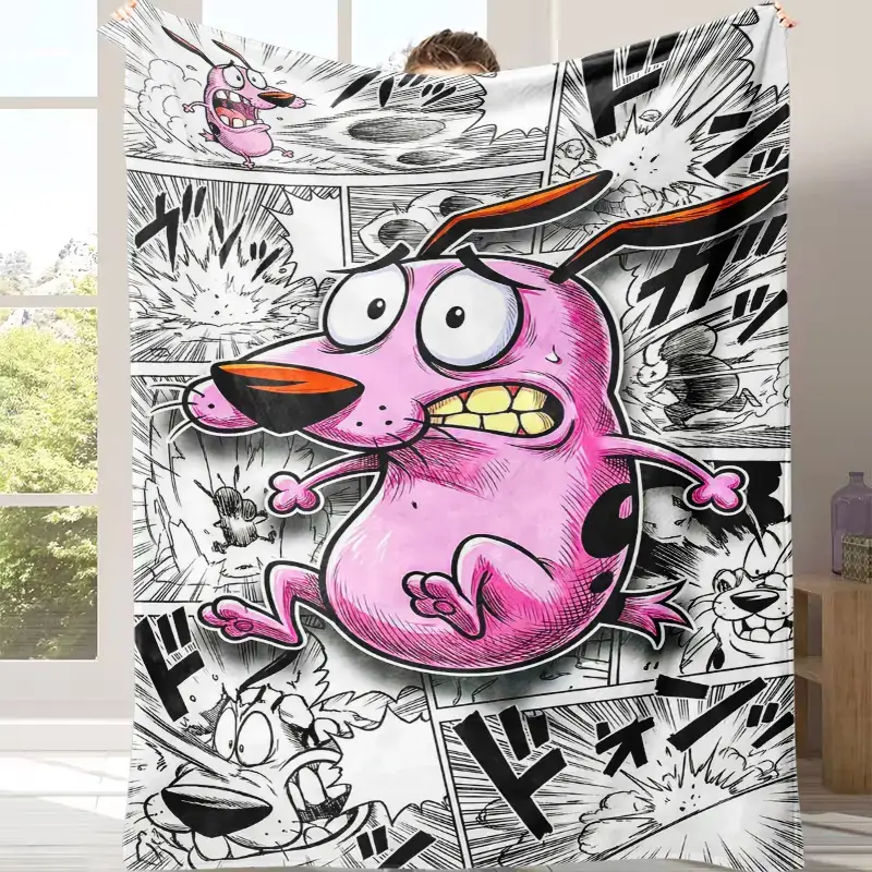Courage the Cowardly Dog Manga Style Blanket - Ultra-Soft Plush Retro Cartoon Throw, Black-White Art with Pink Accent, 90s Nostalgia & Streetwear Vibes Game Room Decor, Gift for Fans & Children, Retro Cartoon Throws