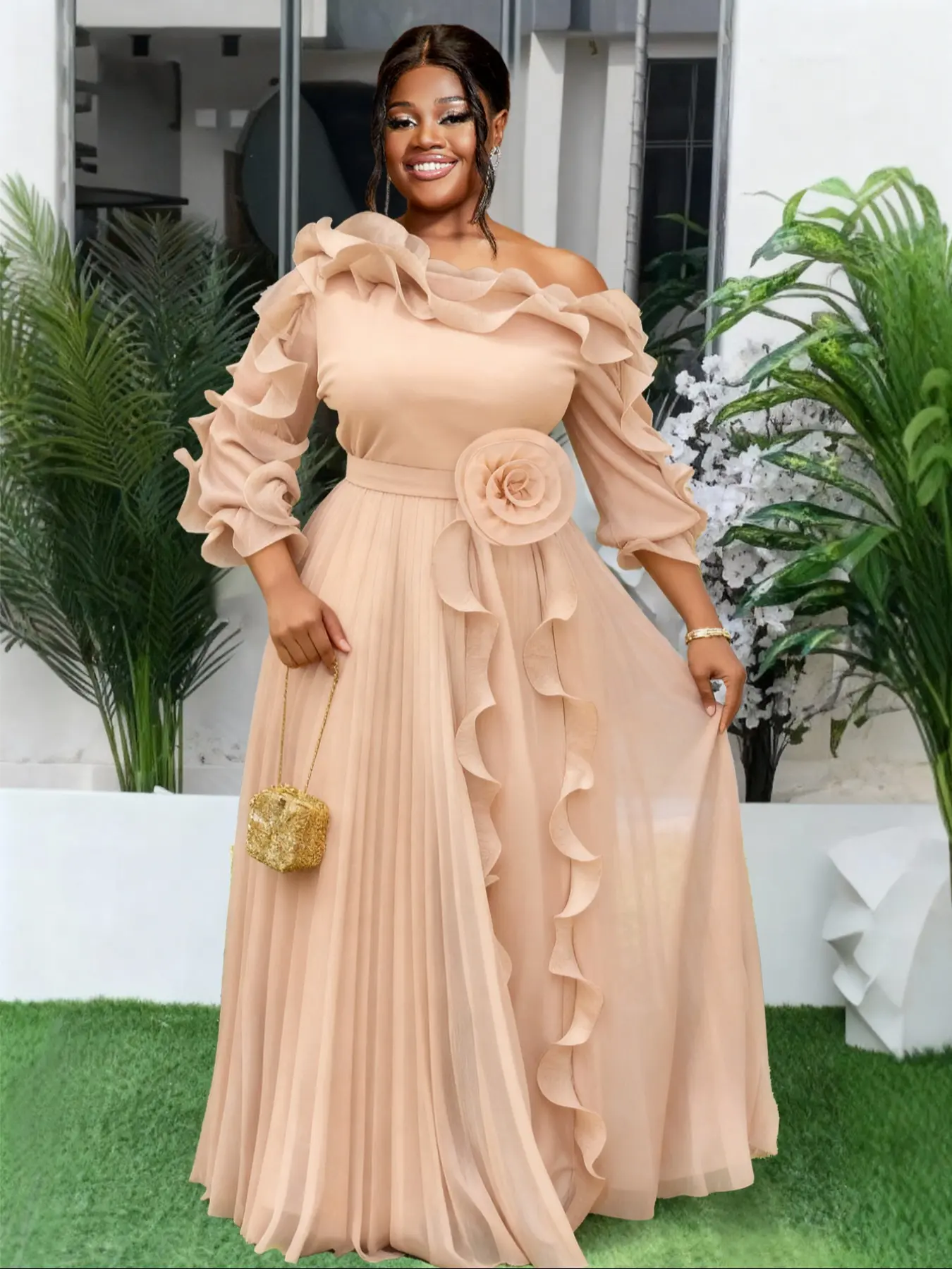 AOMEI Women's Apricot Chiffon Long Sleeves Cold Shoulder 3D Flower Pleated Asymmetrical Ruffles A Line Maxi Dress with Lining, Elegant Chic Formal Ball Gown Evening Party Dress for Women, Elegant Evening Wear, Perfect for Special Occasions, Lady