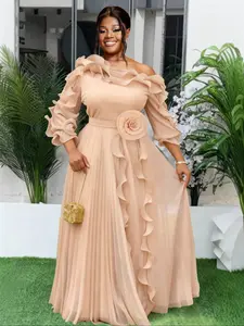 AOMEI Women's Apricot Chiffon Long Sleeves Cold Shoulder 3D Flower Pleated Asymmetrical Ruffles A Line Maxi Dress with Lining, Elegant Chic Formal Ball Gown for Women, Perfect for Special Occasions, Lady