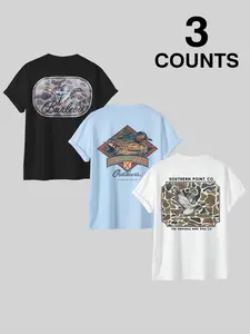 Men's Letter & Duck Print Short Sleeve Graphic Tee, Regular Fit Casual Street Round Neck T-shirt for Summer, Men's Top for Daily Wear, Tropical, Fitted