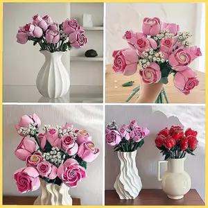 Pink Roses Bouquet Building Blocks Set, 10374 Pieces Creative Home Decor Christmas Gift Idea