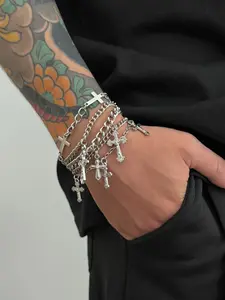 5 Piece Punk Cross Bracelet Set, Men's Hip Hop Metal Accessories, Casual Style, Stainless Steel Chain, Perfect for Parties and Gifts, Fashion Cross Bangle, Stackable Bracelets