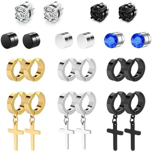 Magnetic Earrings - 15 Pairs Clip On, Non-Pierced, Fake Earrings - Black Cross Hoop Dangle for Men & Women