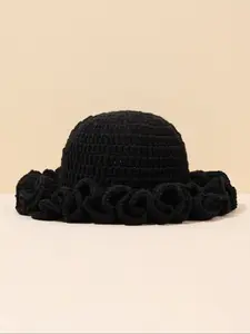 Vintage Hand Crocheted Bucket Hat with Ruffle Trim, Ultra Soft Warm Yarn, Winter Warmth, Retro Streetwear, Daily Wear, Handcrafted Cap