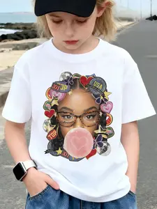 Girls' White Y2K Collage Graphic Tee, Animal Print Pattern, Retro Patchwork Portrait Print Apparel, Oversized Relaxed Fit Casual T-Shirt for 8-12 Years, Perfect for Street Style, Casual Outings, Popular Retro Y2K Merch