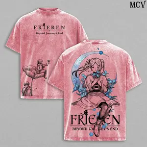 Menswear Frieren Beyond Journey’s End Oversized Vintage Washed Heavy Cotton 2-Piece Set - Short-Sleeve T-Shirt, Round Neck Hoodie, Retro Unisex Streetwear Graphic Top, Japanese Anime Fantasy Healing Merch, Shortsleeve, Tshirt, Casual Comfy Streetwear