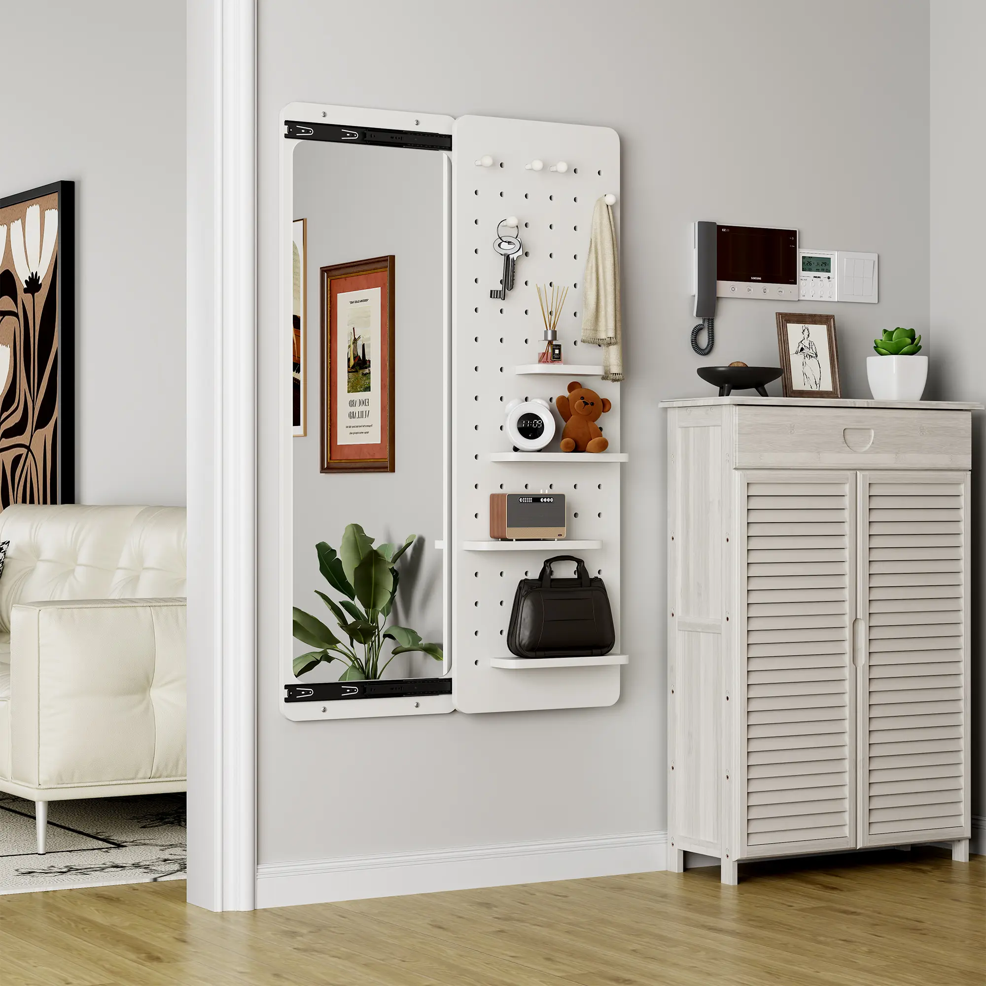 High Quality DIY Wall-Mounted Mirror with 4-Layer Wood Floating Shelves & 5 Hooks, Space-Saving Easy-Install Decoration for Entryway, Safety-Enhanced Reflection for Living Room